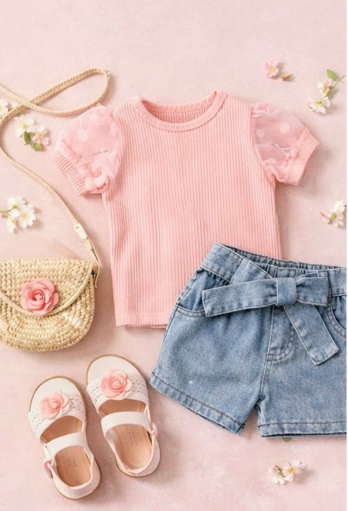 sweet & chic: puff sleeve top and denim shorts set