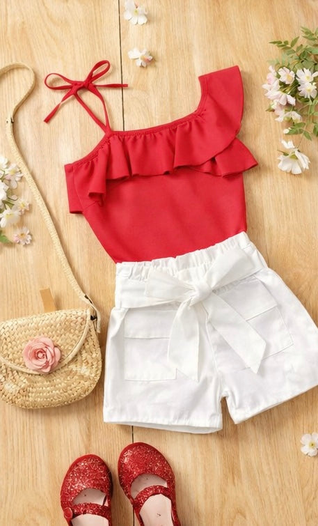 “Summer Chic: Ruffled One-Shoulder Top & Belted Shorts Set”
