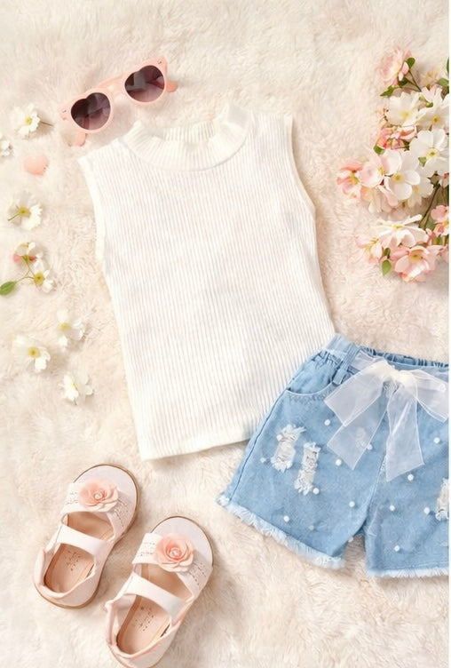 Girls’ Summer Outfit – White Ribbed Sleeveless Top & Pearl Embellished Denim Shorts