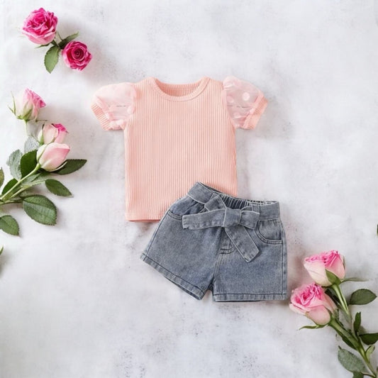 sweet & chic: puff sleeve top and denim shorts set