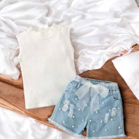 Girls’ Summer Outfit – White Ribbed Sleeveless Top & Pearl Embellished Denim Shorts