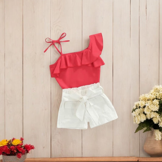 “Summer Chic: Ruffled One-Shoulder Top & Belted Shorts Set”